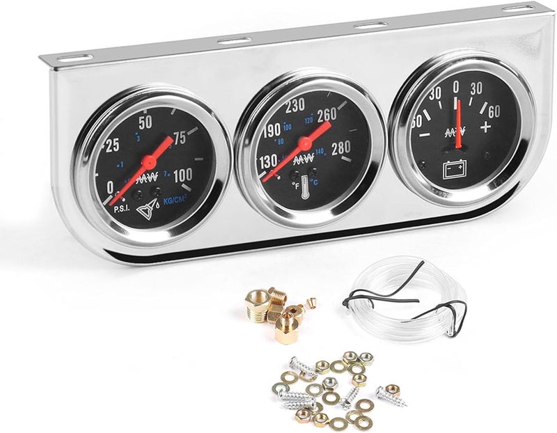 Dyno Racing 2" 52mm Car Triple Gauge Kit Set Chrome Panel Mechanical 3 in 1 Oil Pressure Gauge Fahrenheit Water Temperature Temp Gauge AMP Ammeter Gauges Meter Black Face - Image 1